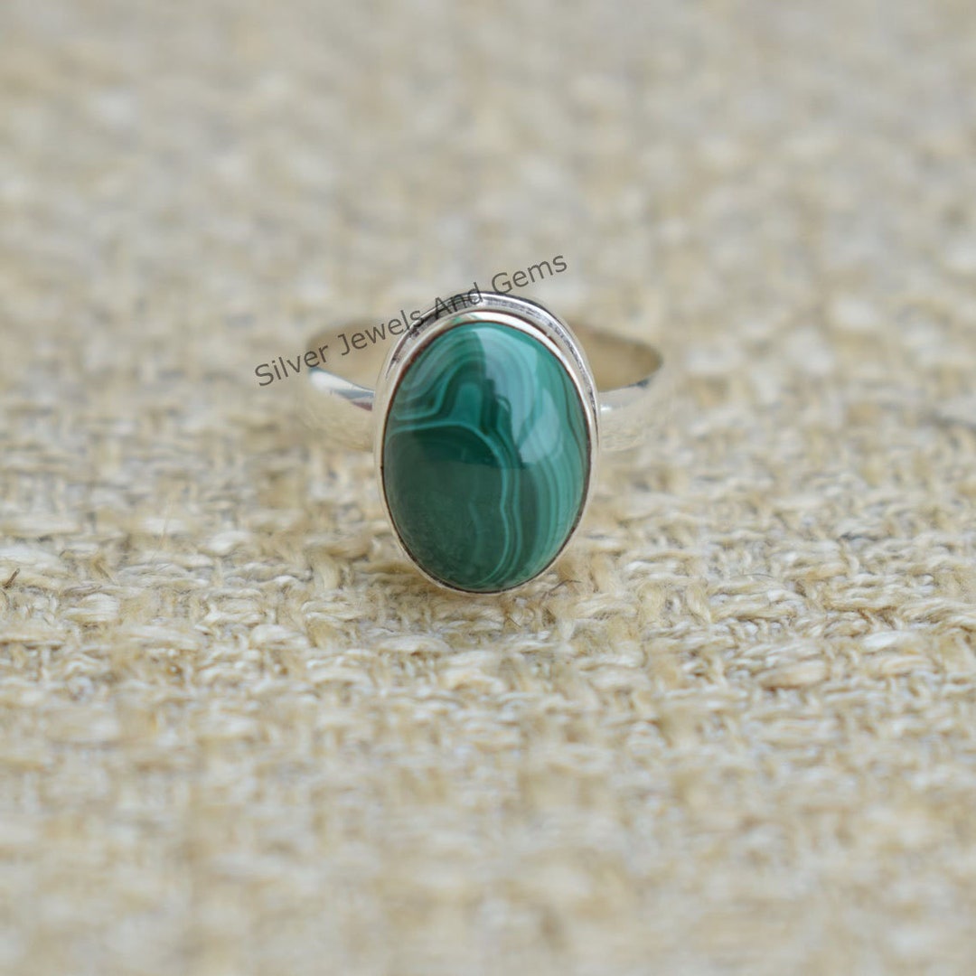 Bague Ancienne En Argent 925 Et Malachite - Taille 50 - Occasion, Pierre Verte Et Ambre