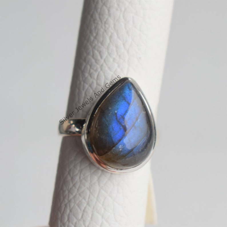 Natural Labradorite Ring-Blue Fire Labradorite Ring-Handmade Silver Ring-925 Sterling Silver Ring-Teardrop Labradorite Ring-Promise Ring image 3