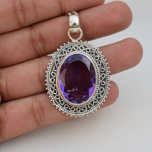 Natürlicher Amethyst Anhänger, Handgefertigter Anhänger, 925 Sterling Silber Anhänger, Designer Oval Amethyst Anhänger, Boho Anhänger, Anhänger zum Jubiläum