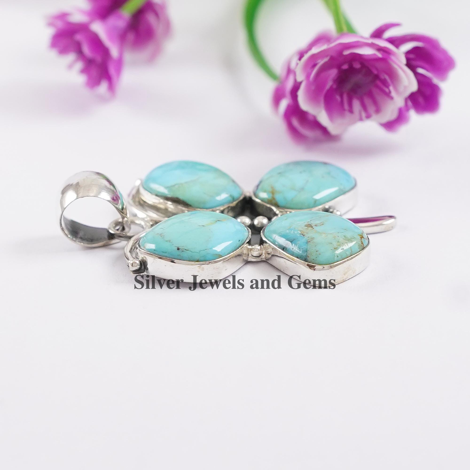 天然ターコイズバタフライペンダント、記念日ペンダント、925