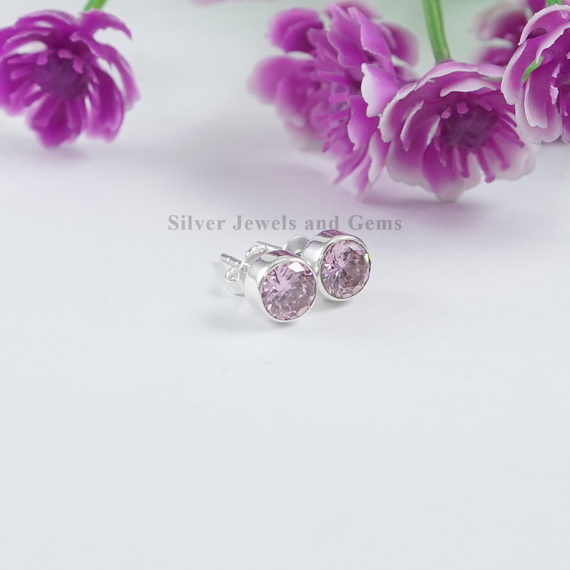 Pink CZ Stud Earrings, 925 Sterling Silver Earrings, Cubic