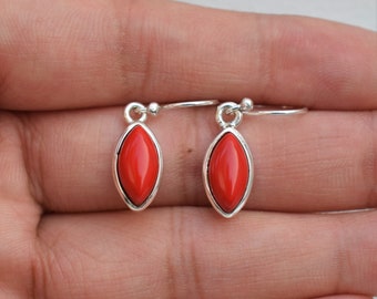 Red Coral Earrings, Handmade 925 Sterling Silver Earrings, Dainty Earrings, Marquise Gemstone Earrings, Gift for Mother, October Birthstone