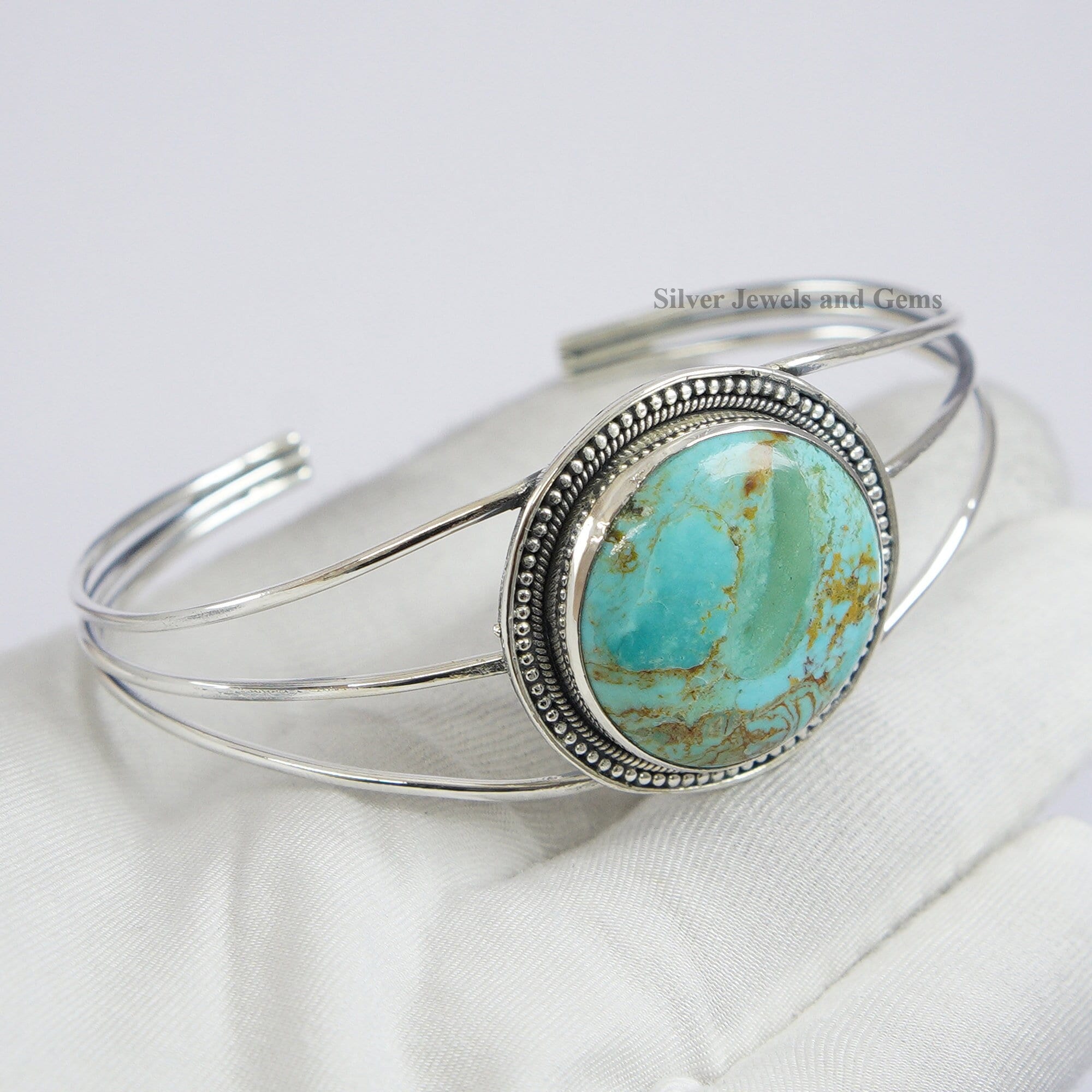 天然ターコイズカフバングル、職人デザインのバングル、925シルバー