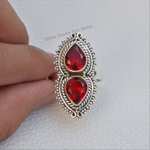 Garnet Ring, Two Stone Ring, 925 Sterling Silver Ring, Boho Ring, Natural Gemstone Ring, Anniversary Gift, Handmade Ring, January Birthstone