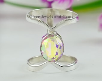 Oval Angel Aura Quartz Ring, 925 Sterling Silver, Handmade Double Chevron Band