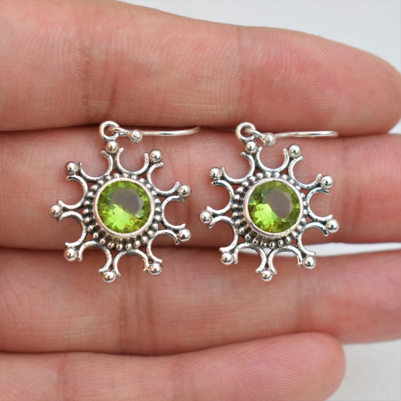 Natural Peridot Earrings-Handmade Silver Earrings-925 Sterling Silver Earrings-Round Peridot Earrings-Gift for her-Dangle Drop Earrings
