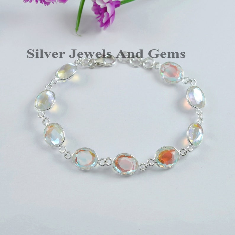 Pulsera de cuarzo aura ovalada, regalo para ella, pulsera de mujer, pulsera de cuarzo angel aura, pulsera ligera, pulsera de plata de ley 925 imagen 2