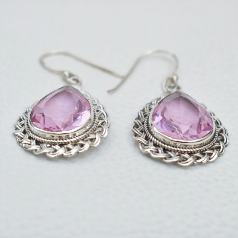 Pink Quartz Earrings-Handmade Silver Earrings-925 Sterling Silver-Teardrop Pink Quartz Designer Earrings-Dangle Drop Earrings