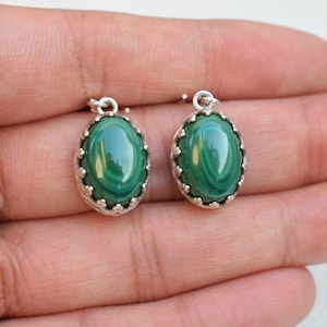 Natural Malachite Earrings, Oval Crown Setting Earring, Handmade Earring, 925 Sterling Silver Drop Earrings, Gemstone Earring, Gift for Her