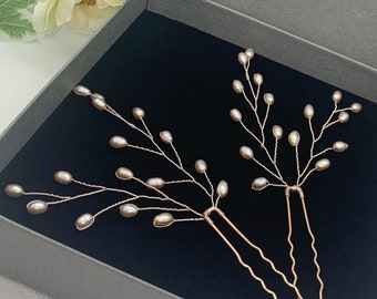 Bridal Hair vine Pins | Dusty Pink Freshwater rice pearls | Rose gold hair piece | Bridesmaid hair jewellery | UK