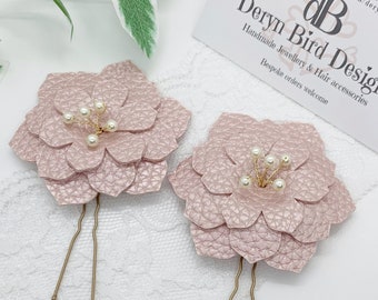 Pink Faux Leather Flowers, Swarovski Cream pearls, Set of 2 flower Hair pins, Bridal Hair jewellery, bridesmaids, Flower girl, Wedding, UK