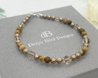 Earthy tone Bracelet | Semi Precious Picture Jasper Beads | Swarovski Light Silk Crystals & Bronze pearls | Beaded Bracelet | Gift for her