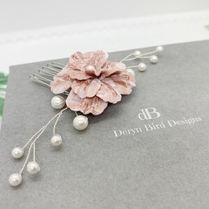 Rose Pink and White Floral Bridal Hair Comb Handmade clay flower White Swarovski Pearls Modern Classic Bride Wedding hair accessory image 7