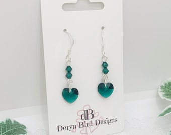 Long Earrings | Swarovski Emerald Green Heart & Crystals | Sterling Silver Hooks | Bridal Jewellery | Bridesmaid accessories | UK