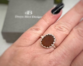 Amber colour Sea Glass Sterling Silver Ring | Hammered Band | Handmade Jewellery | Gift for her | Special Birthday present | UK