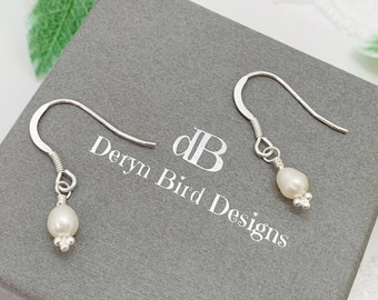 Fresh Water White Ivory Single Pearl Earrings | Sterling Silver Hooks | Small Bridal Earrings | Classic Wedding Jewellery | UK