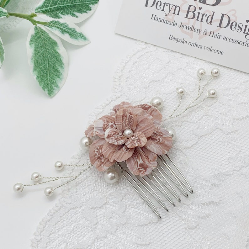 Rose Pink and White Floral Bridal Hair Comb Handmade clay flower White Swarovski Pearls Modern Classic Bride Wedding hair accessory image 3