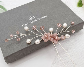 Handmade Pink Clay Flowers Bridal Hair vine pin | White Fresh Water Pearls & Rose Swarovski crystals | Bridesmaid hair accessory | UK