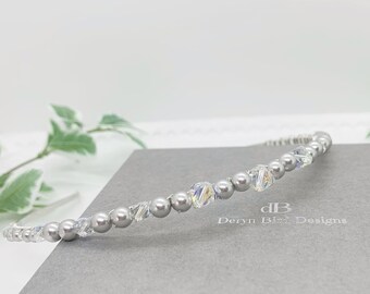 Bridal Tiara | Swarovski Silver Pearls & Clear Crystals AB | Wedding Hair Accessory | Prom Hair Piece | Bridesmaid Headband | Simple Sparkly