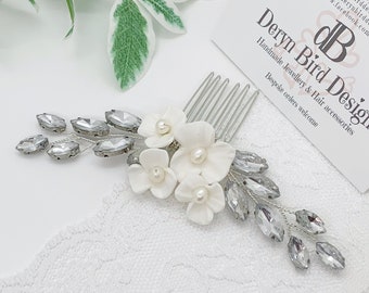 White Clay Flower Bridal Hair Comb | Crystal Rhinestones & White Ivory Fresh Water Pearls | Wedding hair accessory | UK