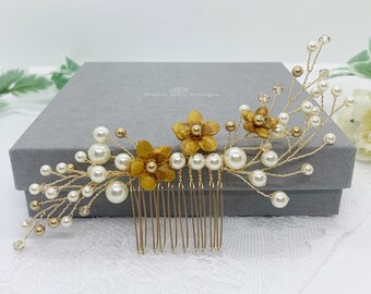 Gold Floral Bridal Hair vine Comb | Handmade clay flowers | Swarovski Pearls & crystals | Wedding hair accessory | Modern Bride | UK