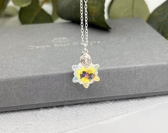 Crystal Edelweiss Swarovski Crystal pendant | Elegant necklace | Minimalist delicate Style | Bridal Wedding | 18” Sterling Silver chain | UK