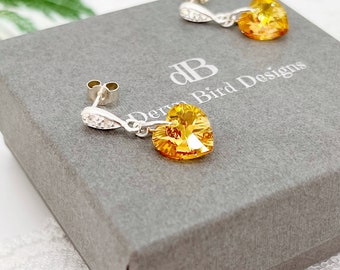 Sunshine Yellow Serenity Crystal Heart Earrings | Sterling Silver CZ Stone Studs | Bridal Earrings | Wedding Jewellery | Bridesmaid | UK