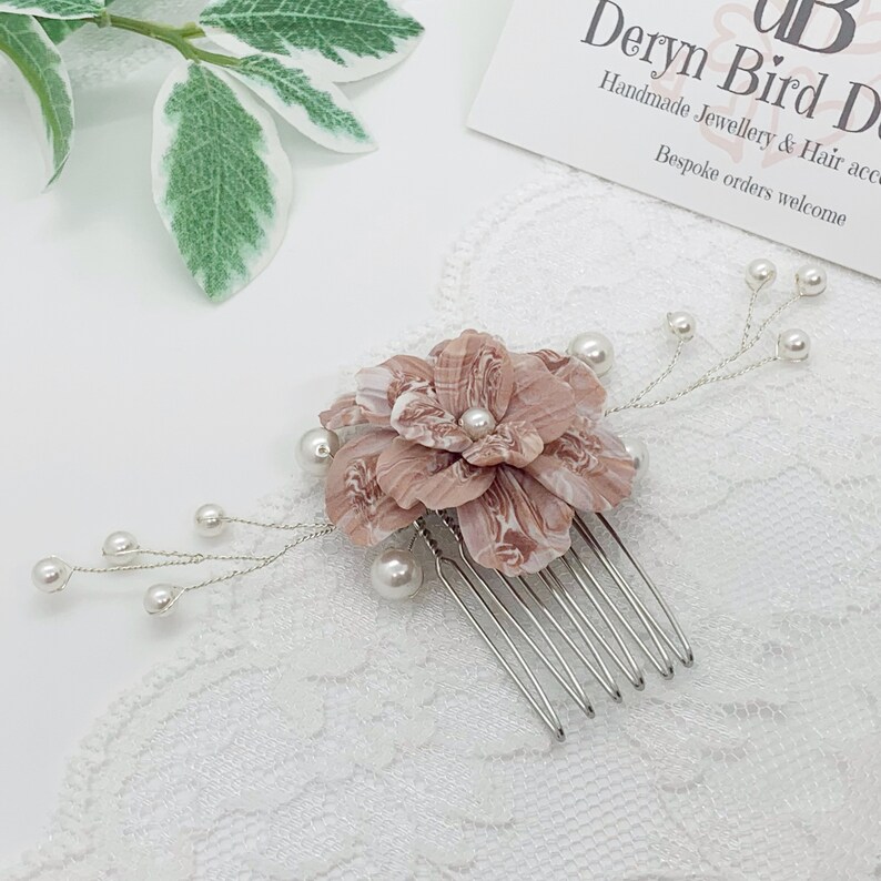 Rose Pink and White Floral Bridal Hair Comb Handmade clay flower White Swarovski Pearls Modern Classic Bride Wedding hair accessory image 9