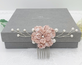 Rose Pink and White Floral Bridal Hair Comb | Handmade clay flower | White Swarovski Pearls | Modern Classic Bride | Wedding hair accessory