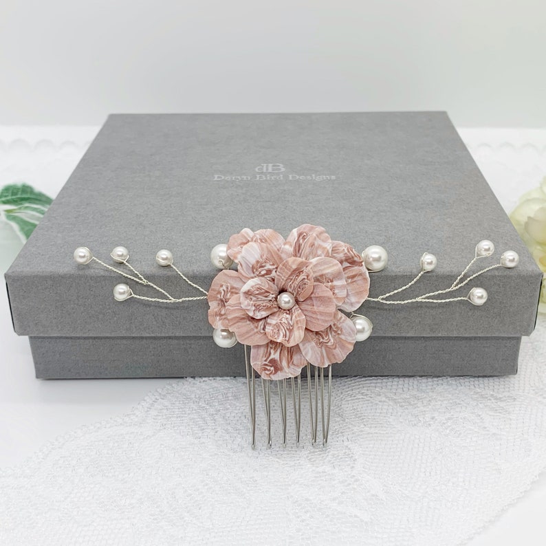 Rose Pink and White Floral Bridal Hair Comb Handmade clay flower White Swarovski Pearls Modern Classic Bride Wedding hair accessory image 1