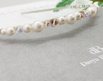 Bridal Tiara | Swarovski White Pearls | Vintage Rose and Clear AB Crystals, Bridal Hair Accessory |  Bridesmaid Headband | UK