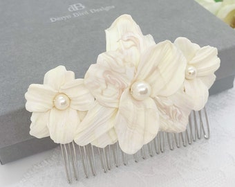 Cream & Rose Pink Floral Bridal Hair Comb | Handmade clay flowers | Cream Swarovski Pearls | Wedding hair comb | Bridesmaid hair accessory