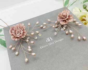 Floral Hair vine pin set | Handmade Rose Pink & White clay flowers | Fresh water pearls and crystal | Garden Wedding | Bridal hair accessory