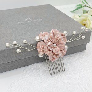 Rose Pink and White Floral Bridal Hair Comb Handmade clay flower White Swarovski Pearls Modern Classic Bride Wedding hair accessory image 4