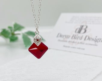 Siam Red Swarovski Crystal pendant, Elegant necklace, Minimalist delicate Style,  Bridal Wedding, 18 inch Sterling Silver chain, UK