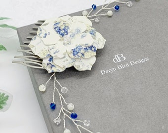 Blue & Cream Faux Leather Flower | Swarovski Crystals | Mother of Pearls | Floral Hair comb | Wedding Bridal Hair jewellery | Bridesmaids