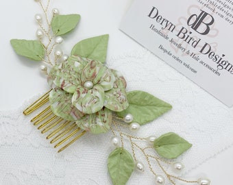 Bridal Hair Vine Comb | Handmade Green & Pink Clay Flowers | Green leaf | White Ivory Fresh Water Pearls | Bridesmaid hair accessory | UK