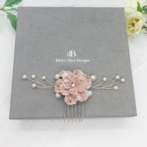 Rose Pink and White Floral Bridal Hair Comb Handmade clay flower White Swarovski Pearls Modern Classic Bride Wedding hair accessory image 2