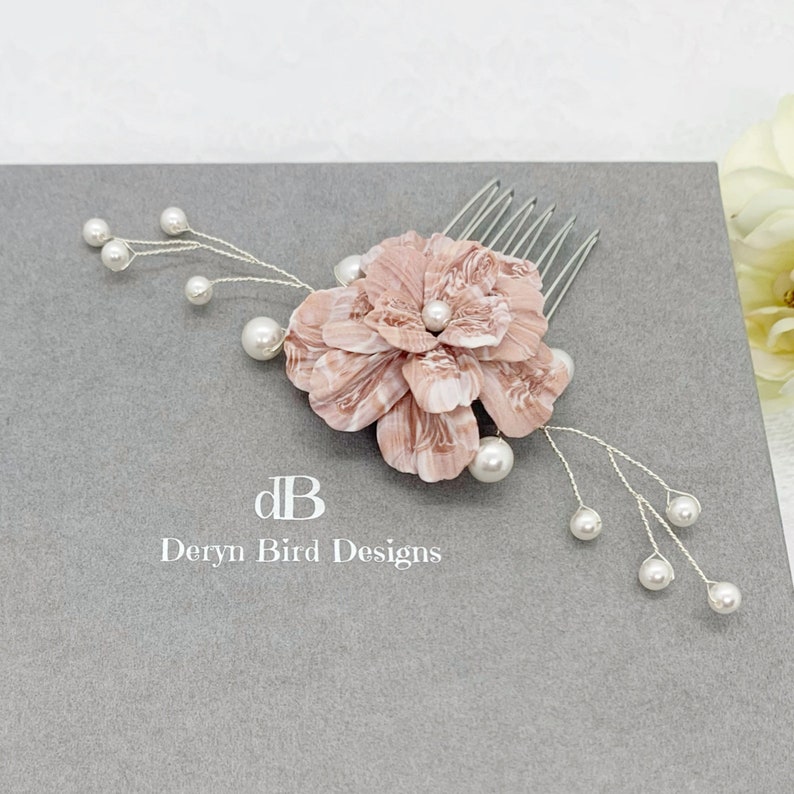 Rose Pink and White Floral Bridal Hair Comb Handmade clay flower White Swarovski Pearls Modern Classic Bride Wedding hair accessory image 10