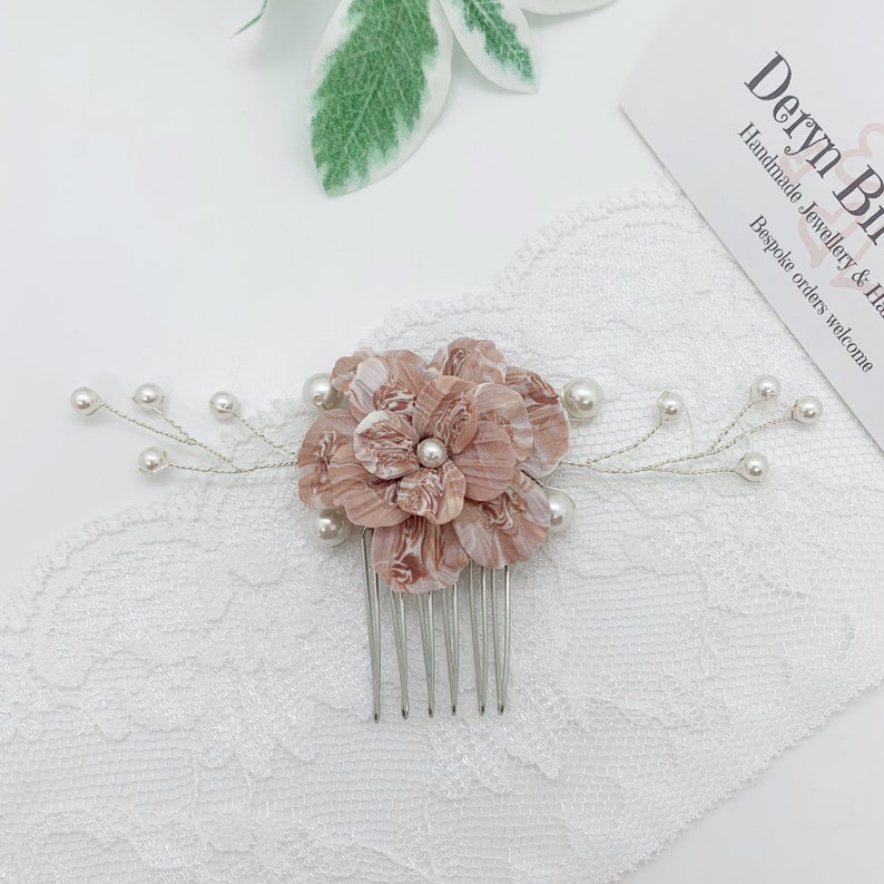 Rose Pink and White Floral Bridal Hair Comb Handmade clay flower White Swarovski Pearls Modern Classic Bride Wedding hair accessory image 6