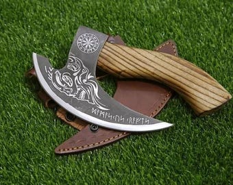 Hand Forged Viking Pizza Cutter Axe: Carbon Steel Blade, Ash Wood Handle