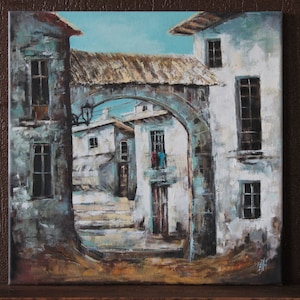 Old Courtyard in Italy. Oil painting. Original
