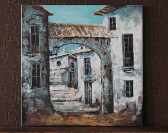 Old Courtyard in Italy. Oil painting. Original