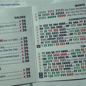 May include: A Mahjong score card titled Dirty Mahj Collective featuring columns for Values, Quints, and Consecutive runs. The card displays numerical sequences and letter codes in black, green, and red ink on a white background, detailing game rules.