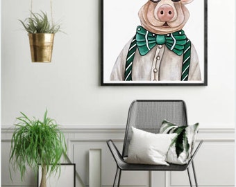 Pig art print,  Farm animal, print Kids room art,Hipster animal gang, Pig print 11 x 14