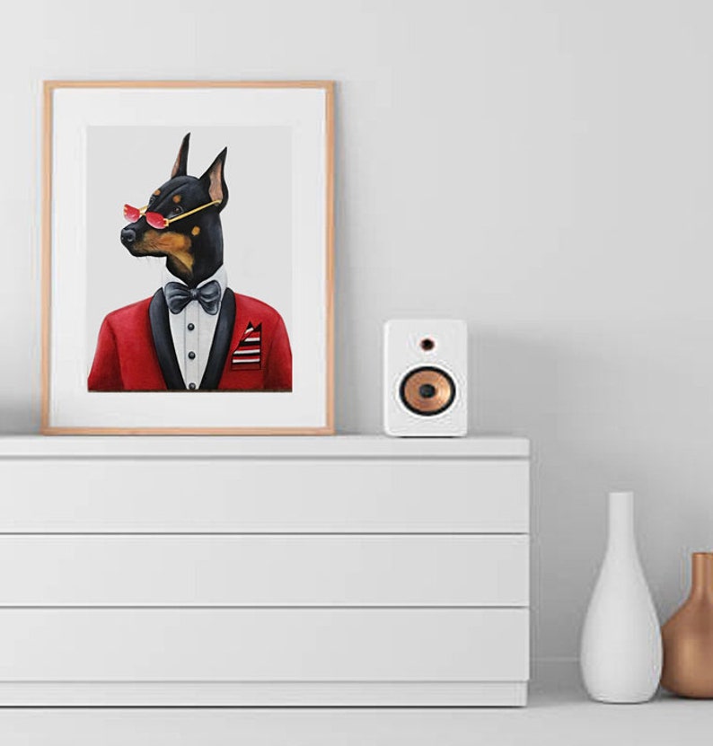 Doberman print kid art 5x7 dog print Dog animal print Doberman Pinscher art print Animals in clothes