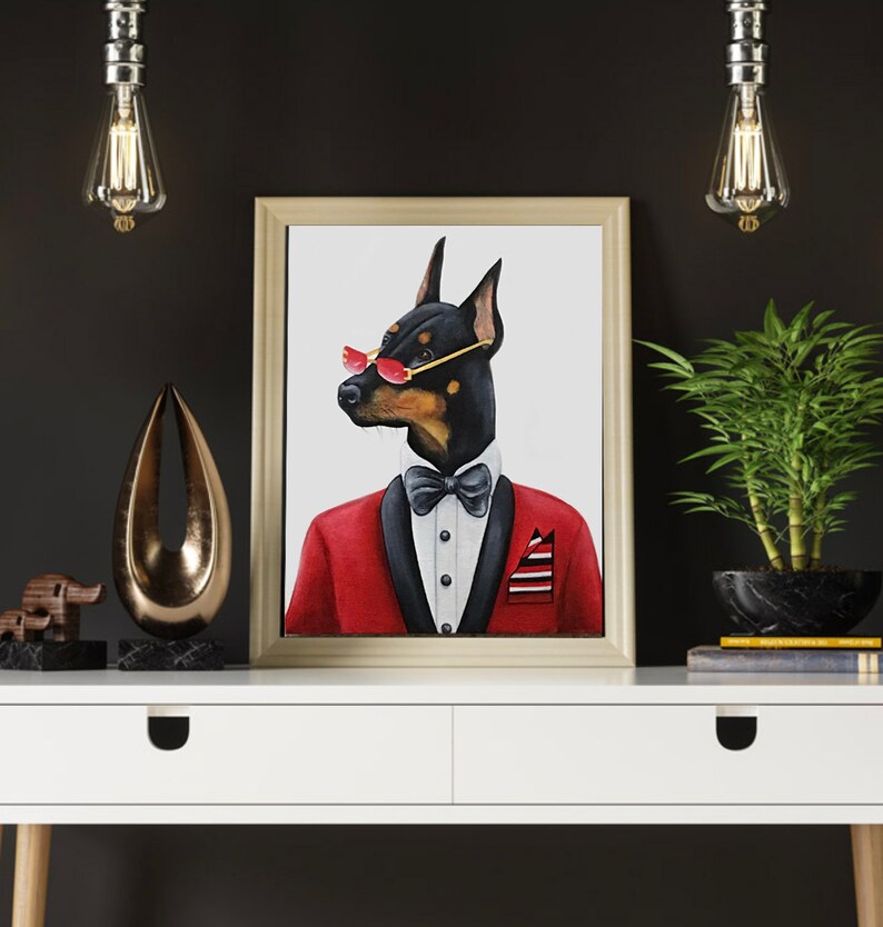 Doberman print kid art 5x7 dog print Dog animal print Doberman Pinscher art print Animals in clothes