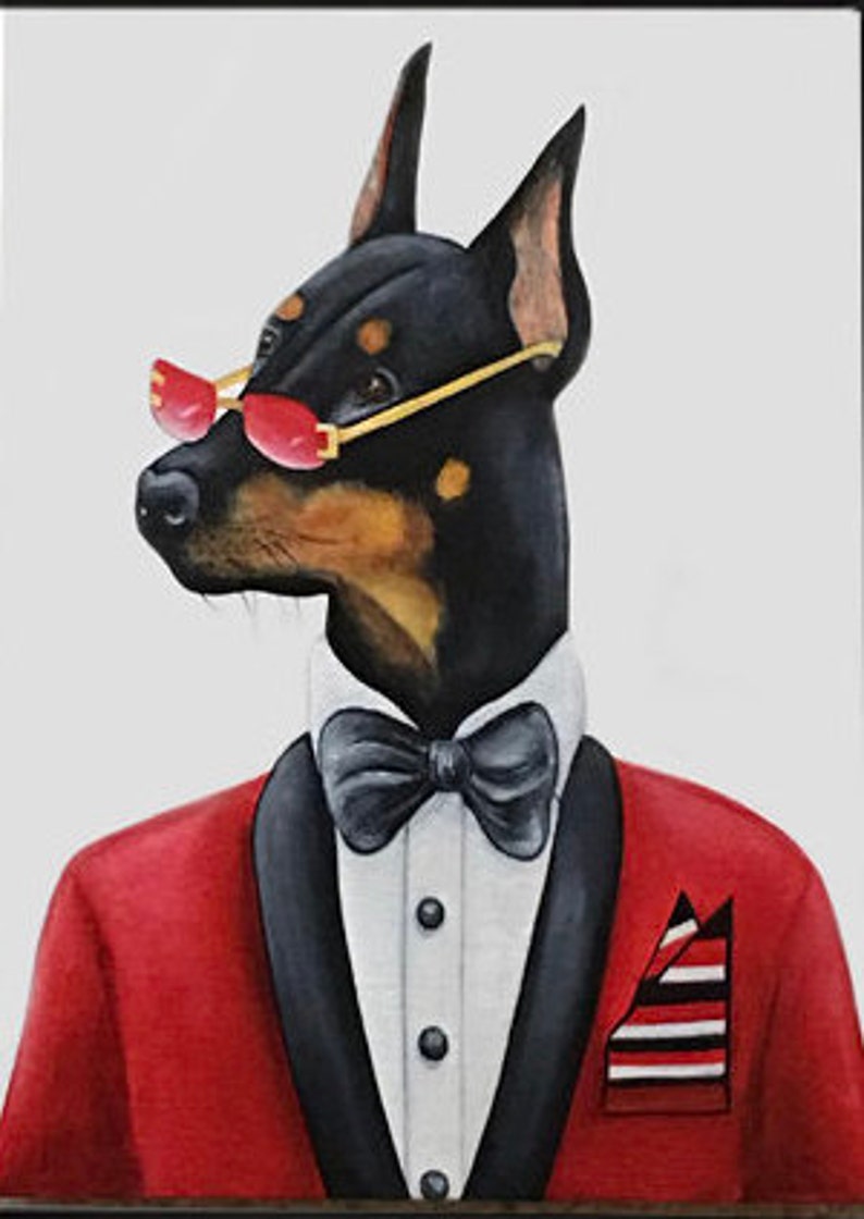 Doberman print kid art 5x7 dog print Dog animal print Doberman Pinscher art print Animals in clothes