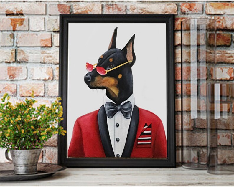 Doberman print kid art 5x7 dog print Dog animal print Doberman Pinscher art print Animals in clothes
