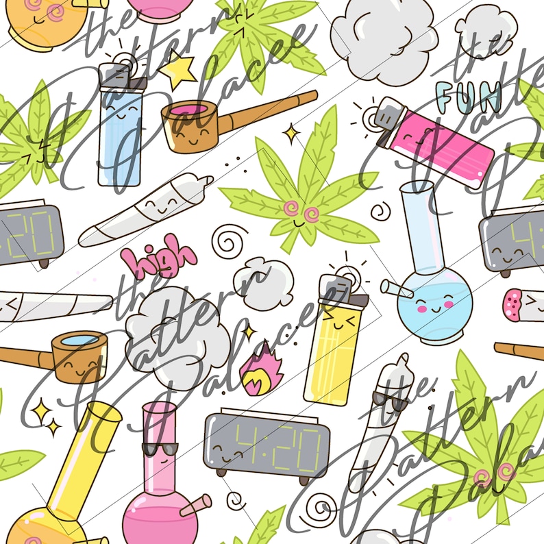 Cute Weed Seamless Pattern / CBD Pattern / Cannabis Pattern / Bongs